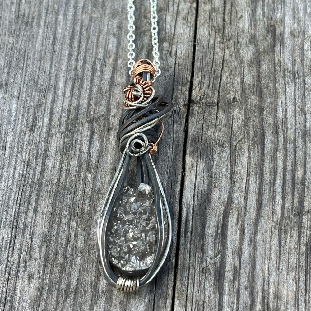 Elegant Silver and Copper Wire Wrapped druzy Necklace, silver druzy pendant